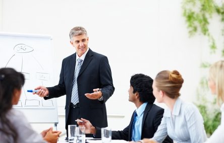 Mature business man training his associates during a meeting